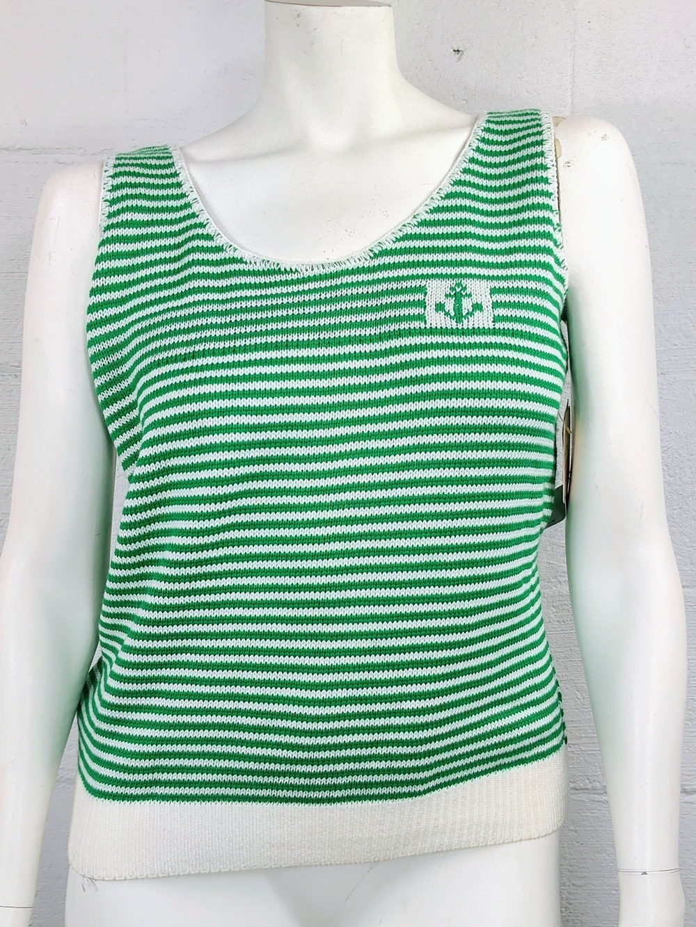Alicia Vintage Green Striped Knit Sweater Tank Top With Anchor Detail